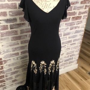 S. L. FASHIONS BLACK CAP SLEEVE MIDI FORMAL DRESS. Size 10 V- neck/back 37” long